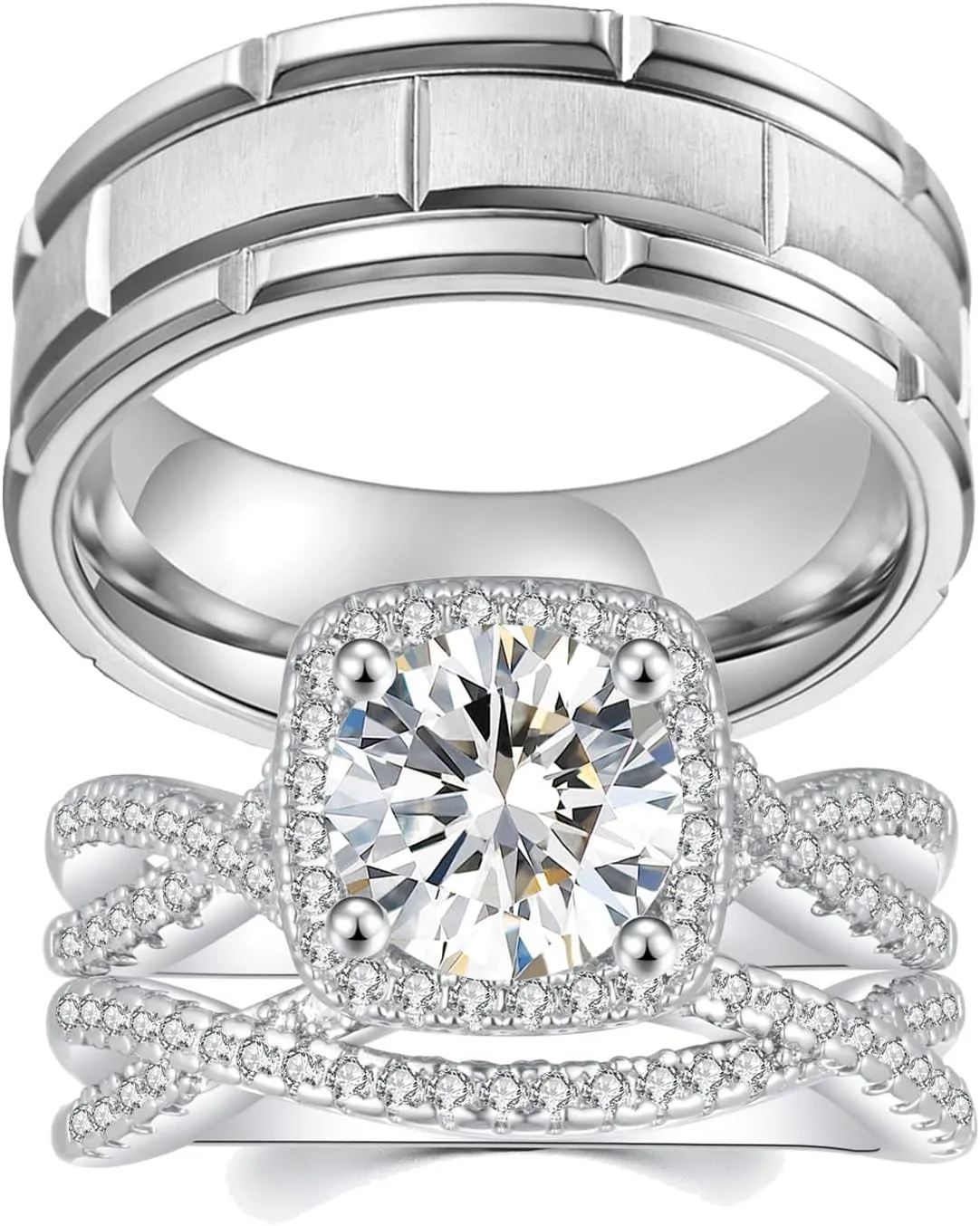 2.2ct Wedding Rings for Women Cubic Zirconia Bridal Couple Engagement Ring Sets His Hers Men Titanium Wedding Bands