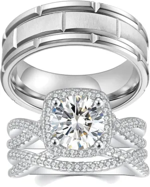 2.2ct Wedding Rings for Women Cubic Zirconia Bridal Couple Engagement Ring Sets His Hers Men Titanium Wedding Bands