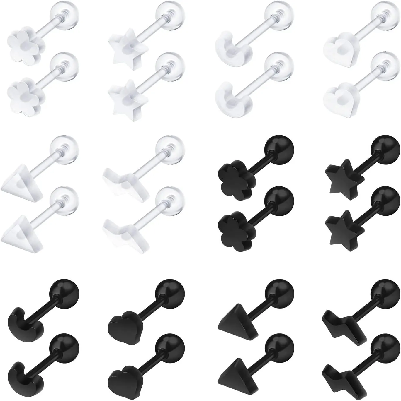 24Pcs Plastic Earrings For Sensitive Ears Silicone Medical Clear Tragus Cartilage Daith Studs Retainers for Women 16G