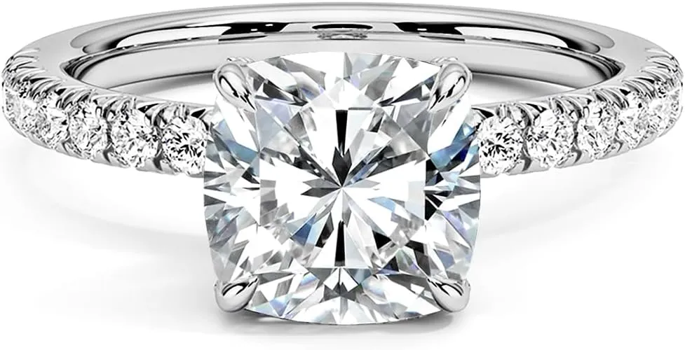 2ct Cushion Cut Moissanite Rings for Women, D Color VVS1 Clarity Lab Created Diamond Rings 14K White Yellow Gold Vermeil Moissanite Engagement Rings for Women Wife Jewelry Gifts