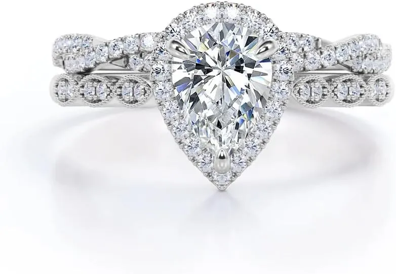 2CT Moissanite Engagement Rings Sets, 10k/14k/18k Real Gold Pear Cut Infinity Twist Bridal Rings Set Teardrop Wedding Band Set Women Jewelry