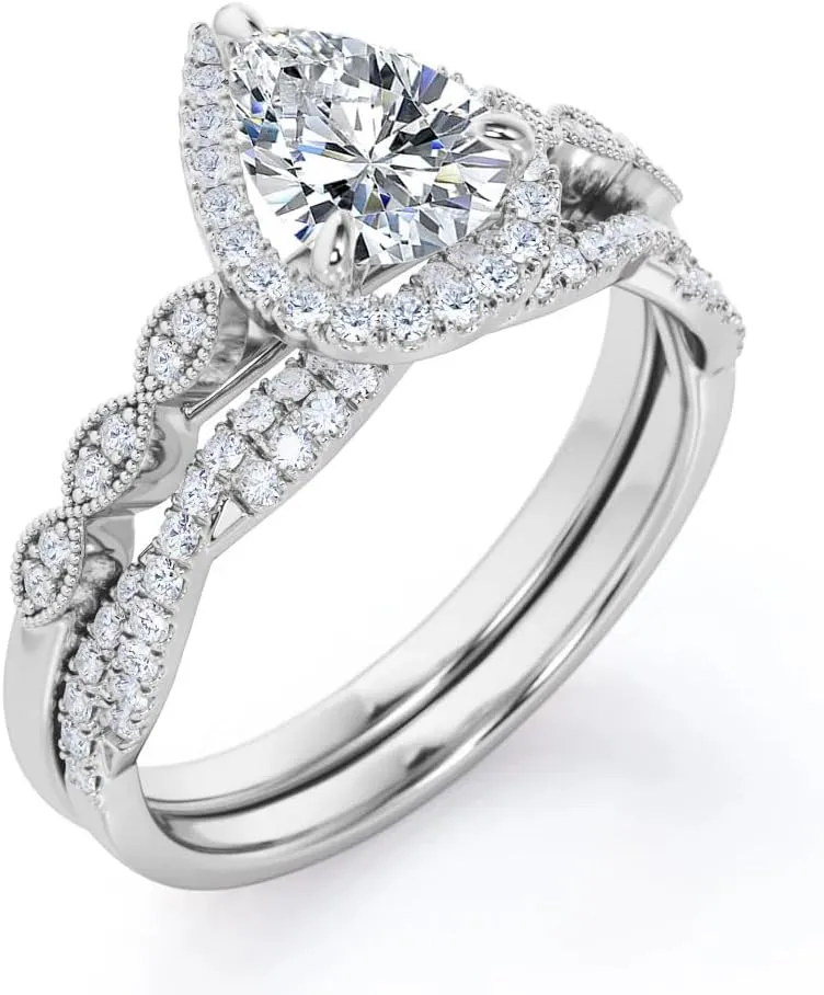 2CT Moissanite Engagement Rings Sets, 10k/14k/18k Real Gold Pear Cut Infinity Twist Bridal Rings Set Teardrop Wedding Band Set Women Jewelry