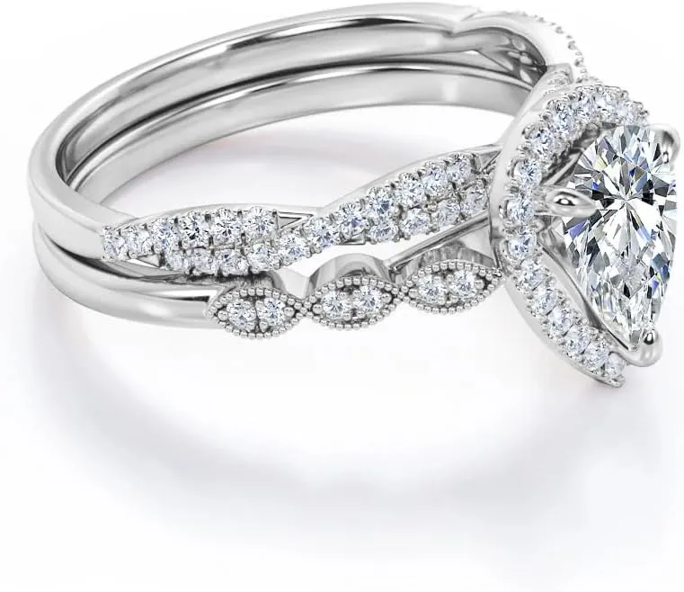 2CT Moissanite Engagement Rings Sets, 10k/14k/18k Real Gold Pear Cut Infinity Twist Bridal Rings Set Teardrop Wedding Band Set Women Jewelry