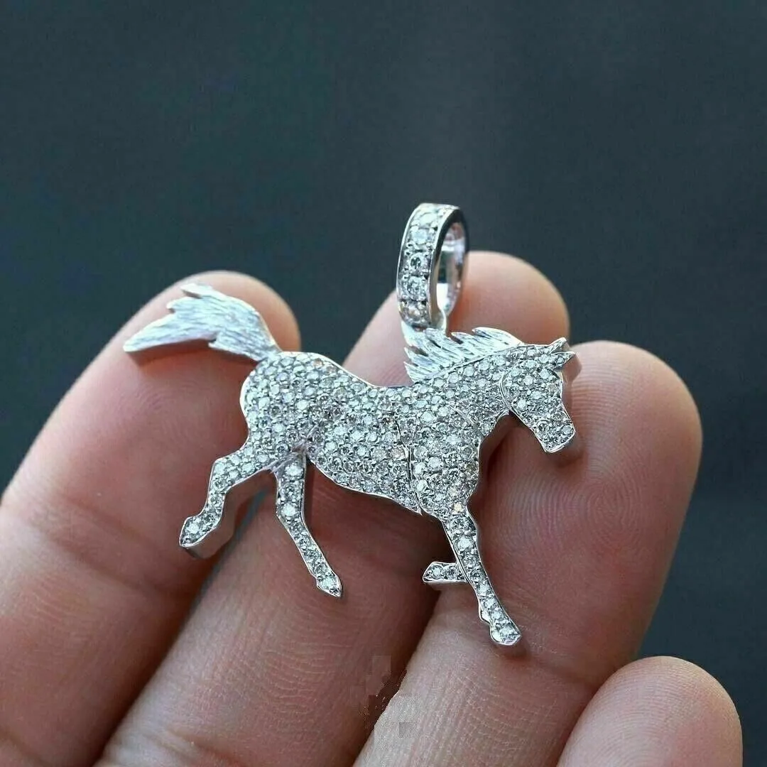 2Ct Round Cut Lab Created Diamond Running Horse Pendant, 14K White Gold Plated