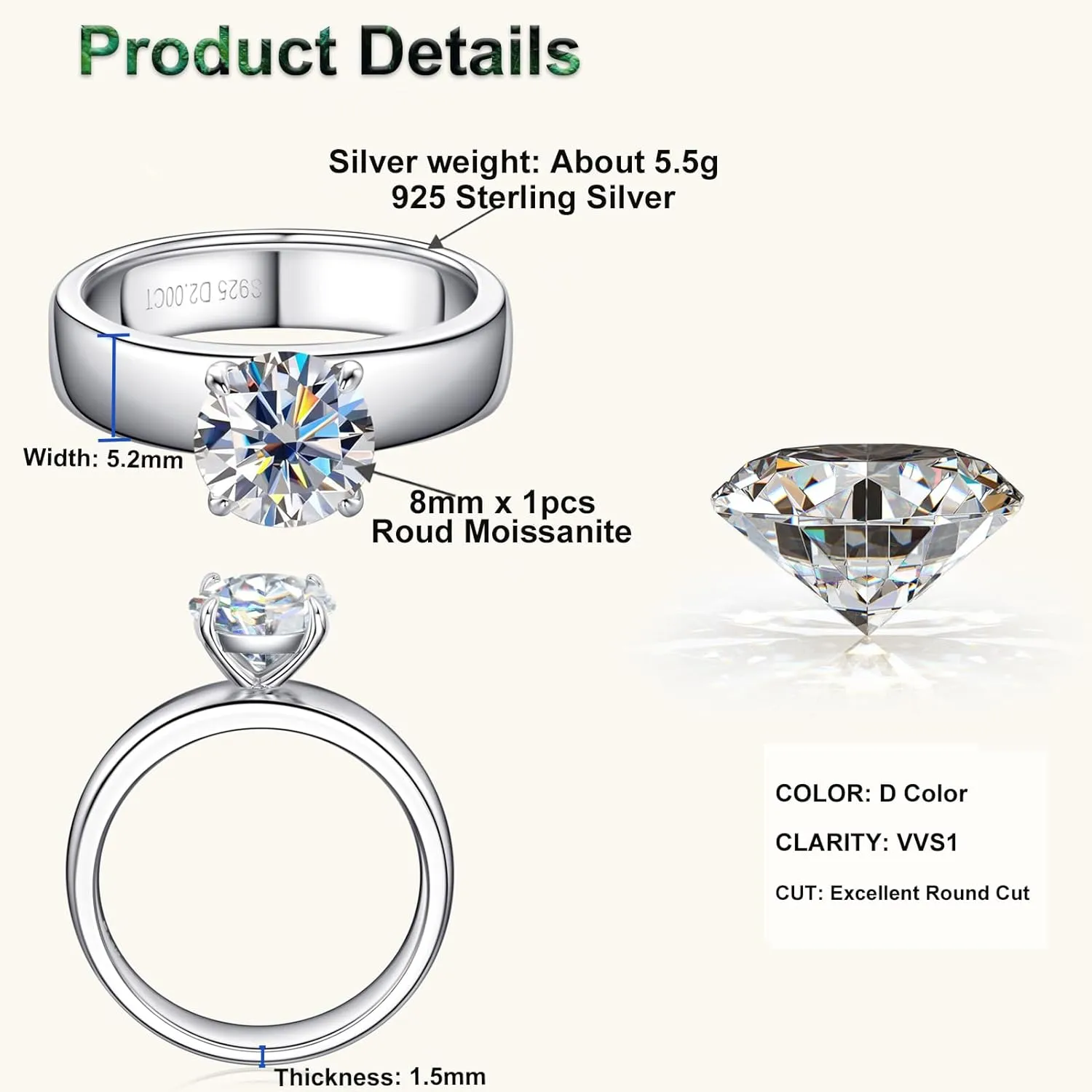 2CT Solitare Moissanite Engagement Ring D Color VVS1 Clarity Anniversary Rings 925 Sterling Silver 4 Prong Moissanite Ring for Women or Wife Gifts