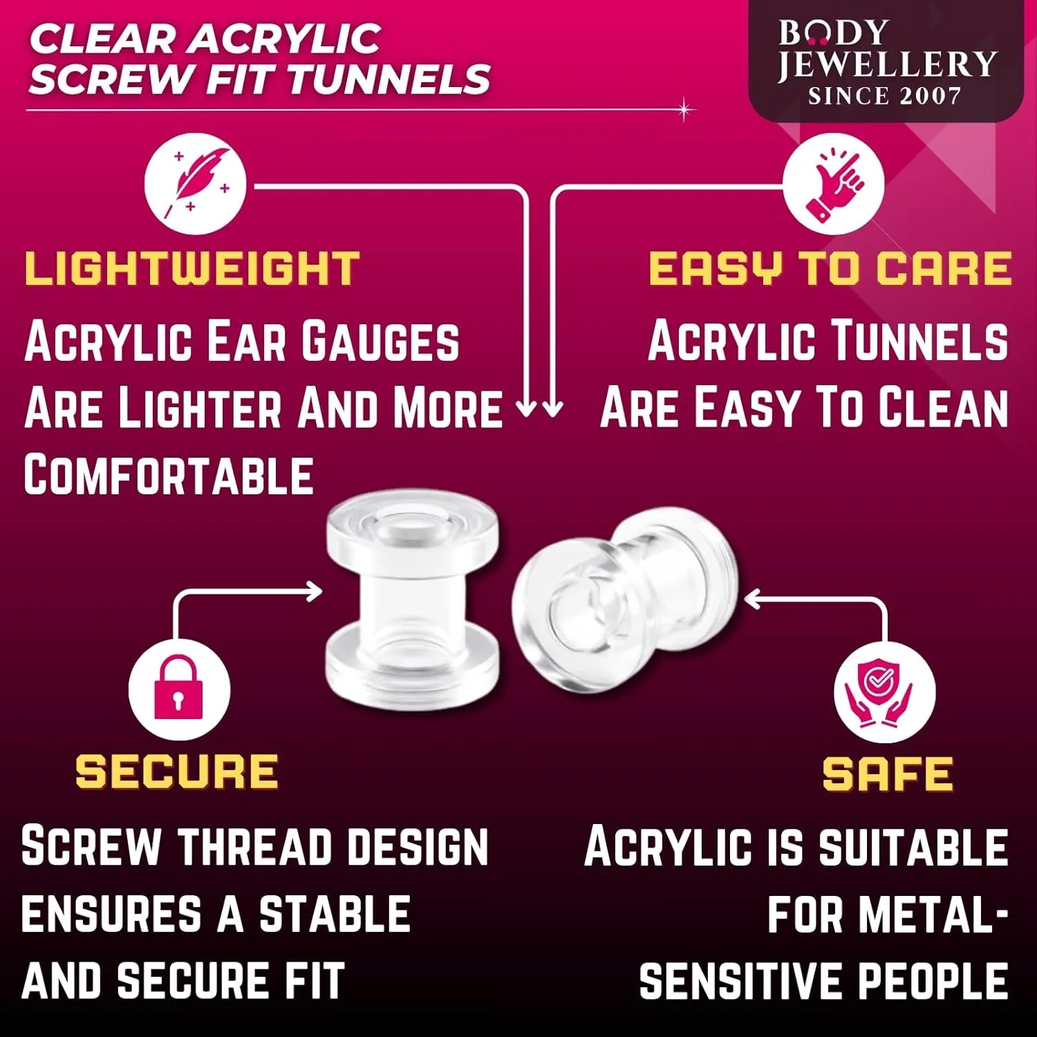 2g 2 Gauge Clear Acrylic Screw fit Flesh Tunnels Ear Plugs Ear Stretching 2Pcs
