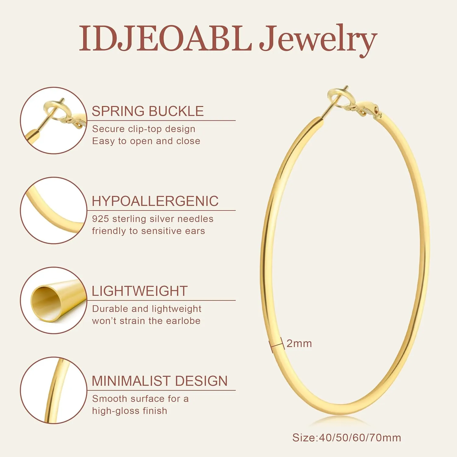2mm Thin Gold Hoop Earrings 14k Gold Plated Large Big Hoops for Women Lightweight Hoop Earrings Jewelry for Women Trendy 40/50/60/70mm