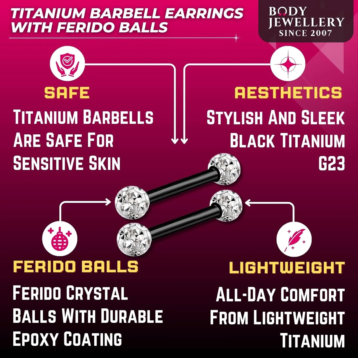 2pcs 16g Barbell Earrings Black Titanium G23 Helix Cartilage Anti Tragus Vertical Forward Triple Lobe Ferido Balls B2JCC