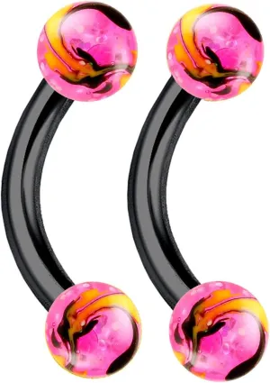 2Pcs 16g Curved Barbell Septum Cartilage Lobe Eyebrow Tragus Rook Helix Black Anodized Steel Hand Painted 02 Ball - Pick Size