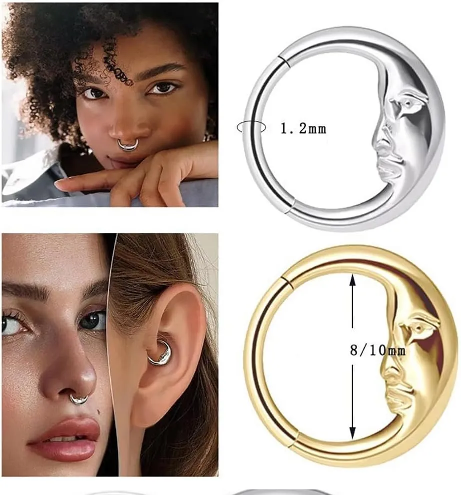 2Pcs 16G Moon Septum Rings for Women 316L Surgical Steel Septum Jewelry Nose Rings Hoops Hinged Segment Hoops Conch Helix Cartilage Earrings Body Piercing Jewelry 8mm 10mm