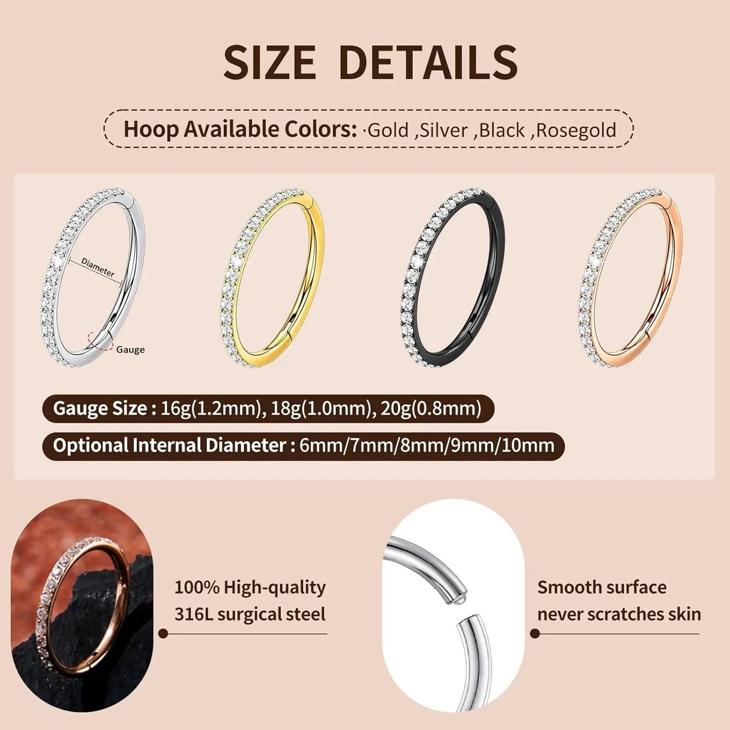 2PCS 20G 18G 16G Nose Ring Cartilage Hoop Earring Stainless Steel 4Colors Choose Hoop Earrings Hinged Segment Rings Septum Hoops Daith Conch Helix Tragus Piercing 6mm/7mm/8mm/9mm/10mm