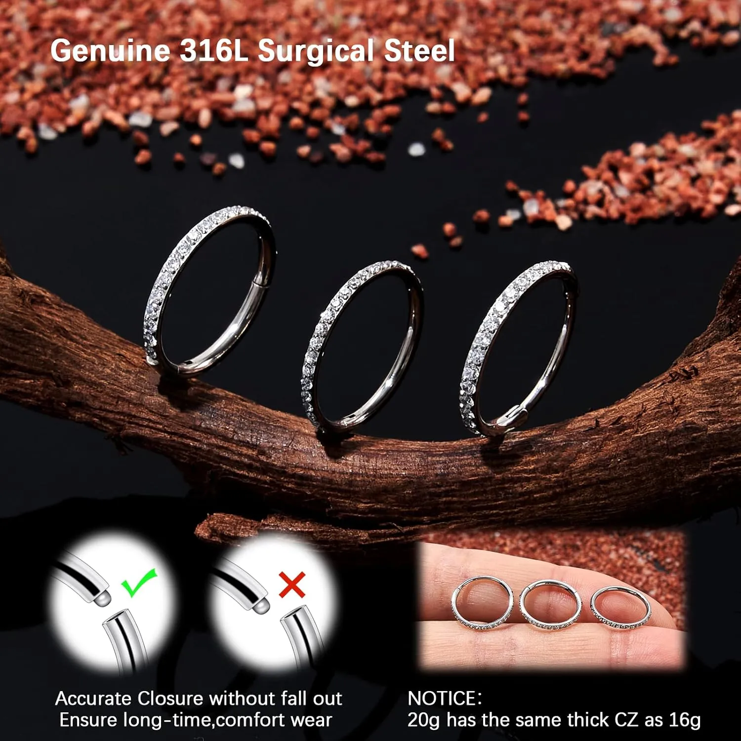 2PCS 20G 18G 16G Nose Ring Cartilage Hoop Earring Stainless Steel 4Colors Choose Hoop Earrings Hinged Segment Rings Septum Hoops Daith Conch Helix Tragus Piercing 6mm/7mm/8mm/9mm/10mm