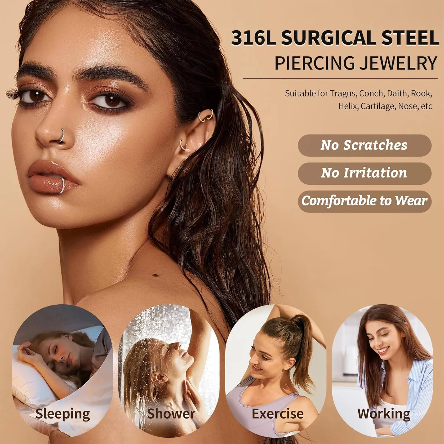 2PCS 20G 18G 16G Nose Ring Cartilage Hoop Earring Stainless Steel 4Colors Choose Hoop Earrings Hinged Segment Rings Septum Hoops Daith Conch Helix Tragus Piercing 6mm/7mm/8mm/9mm/10mm