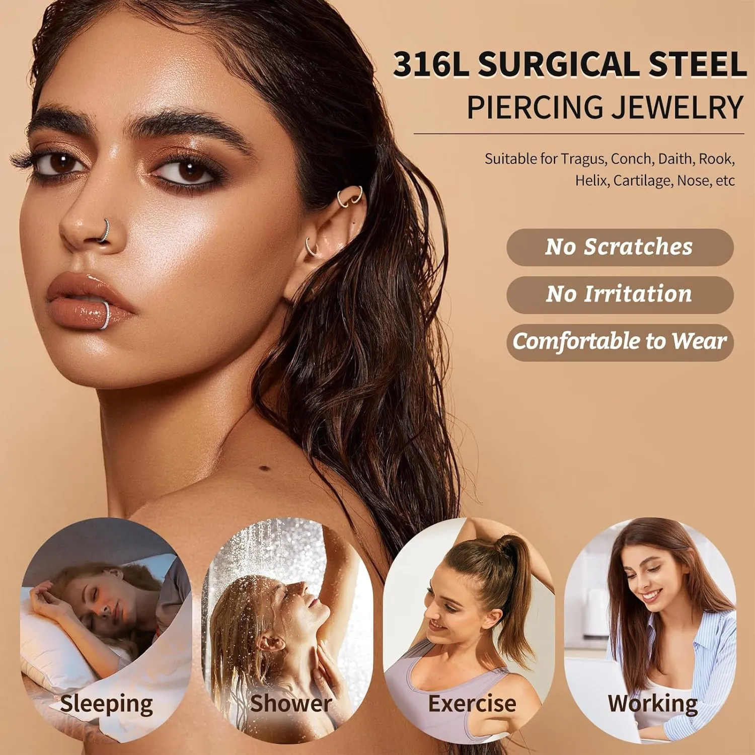 2PCS 20G 18G 16G Nose Ring Cartilage Hoop Earring Stainless Steel 4Colors Choose Hoop Earrings Hinged Segment Rings Septum Hoops Daith Conch Helix Tragus Piercing 6mm/7mm/8mm/9mm/10mm