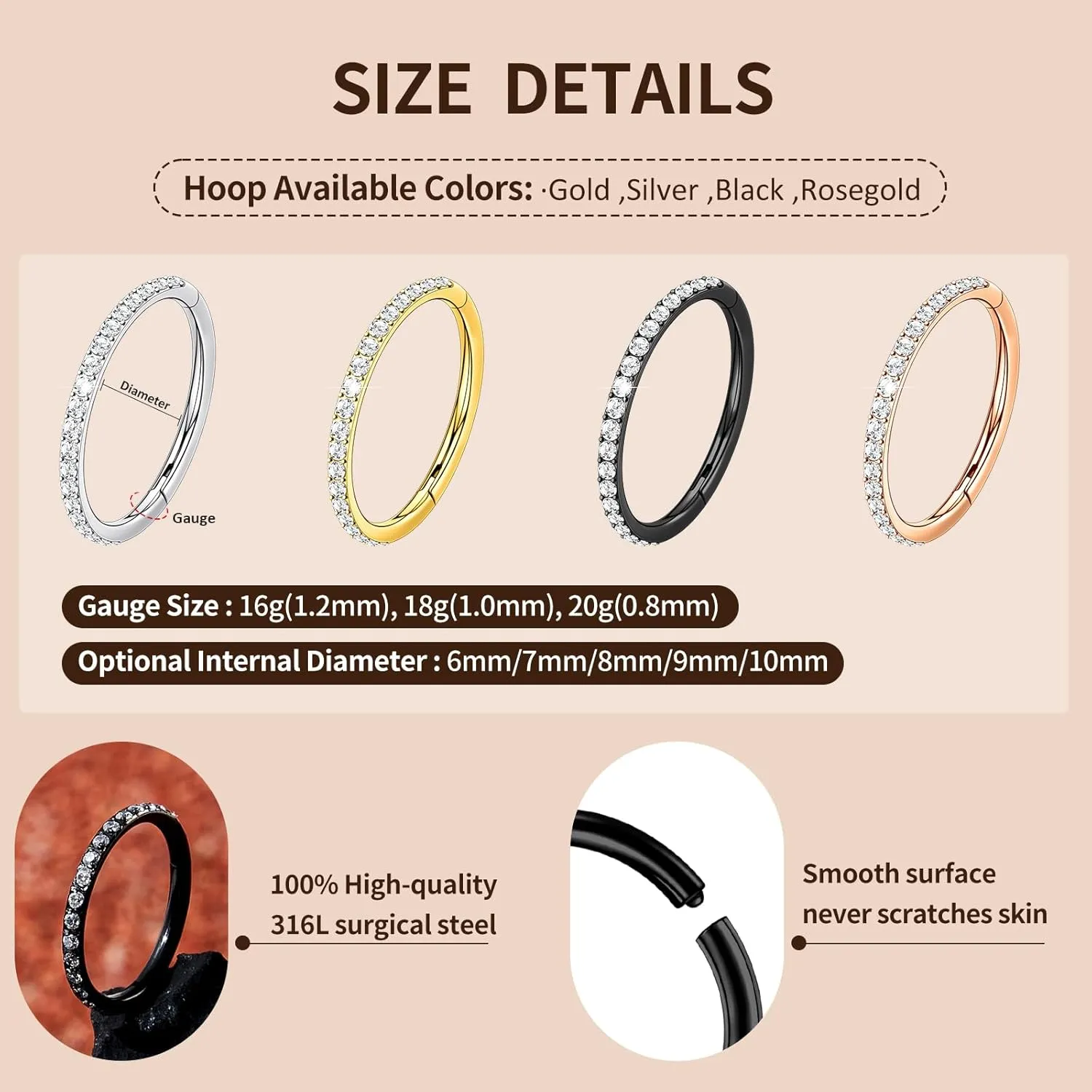 2PCS 20G 18G 16G Nose Ring Cartilage Hoop Earring Stainless Steel 4Colors Choose Hoop Earrings Hinged Segment Rings Septum Hoops Daith Conch Helix Tragus Piercing 6mm/7mm/8mm/9mm/10mm