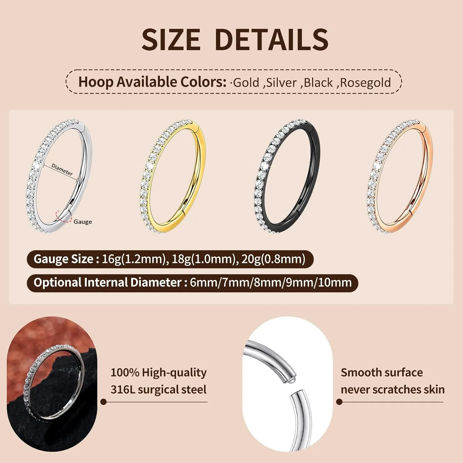 2PCS 20G 18G 16G Nose Ring Cartilage Hoop Earring Stainless Steel 4Colors Choose Hoop Earrings Hinged Segment Rings Septum Hoops Daith Conch Helix Tragus Piercing 6mm/7mm/8mm/9mm/10mm