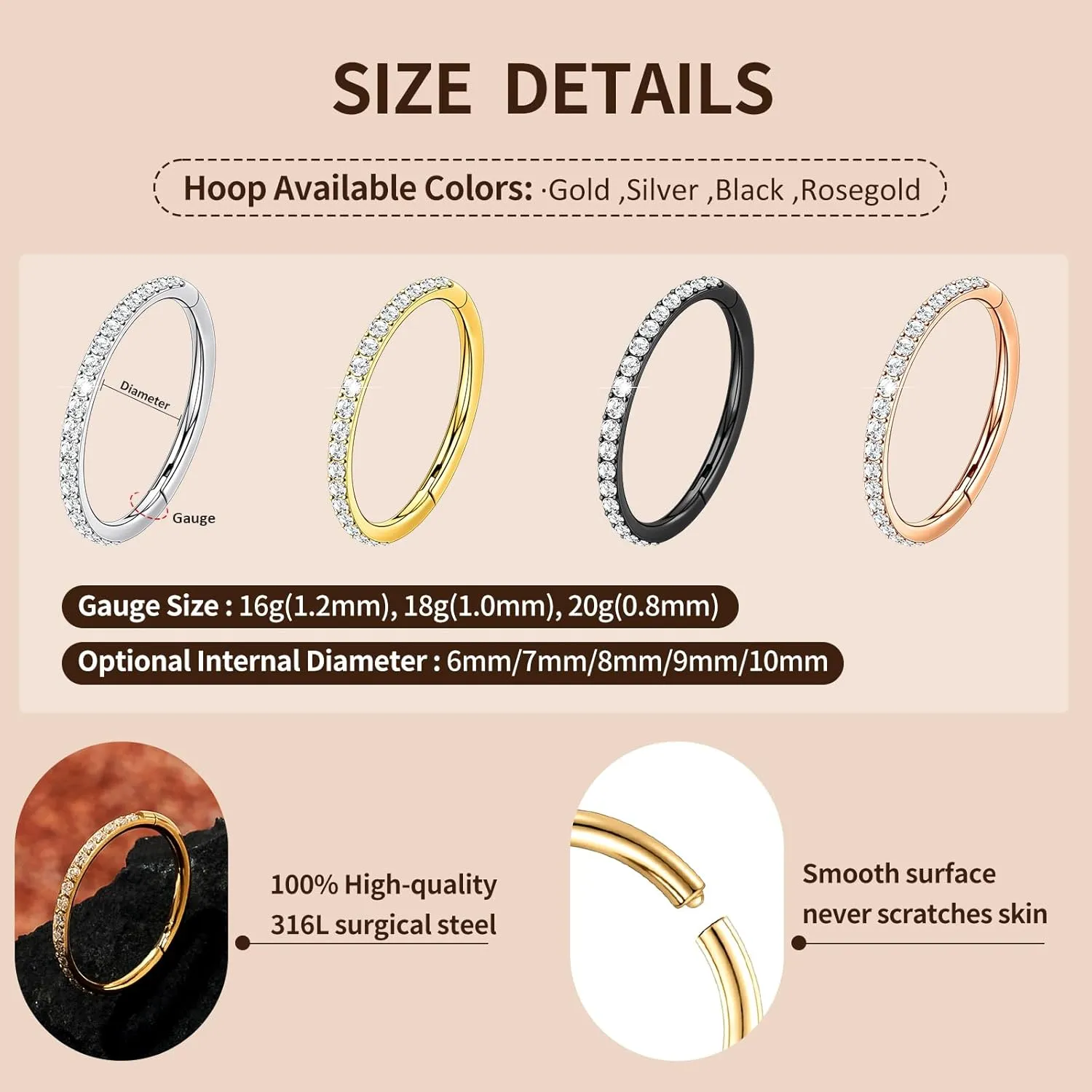 2PCS 20G 18G 16G Nose Ring Cartilage Hoop Earring Stainless Steel 4Colors Choose Hoop Earrings Hinged Segment Rings Septum Hoops Daith Conch Helix Tragus Piercing 6mm/7mm/8mm/9mm/10mm
