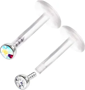 2PCS Bioplastic Push In Lip Studs 16g 1/4 6mm 2mm Crystal Ball Helix Earrings Piercing Jewelry See More Colors