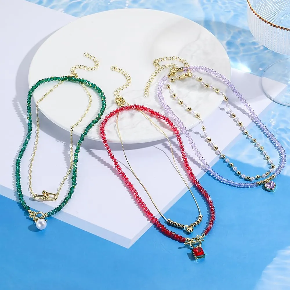 2PCS Crystal Beaded Necklace for Women Pearl Choker Necklaces Trendy Heart Water Drop Pendant Necklace for Women Summer Jewelry