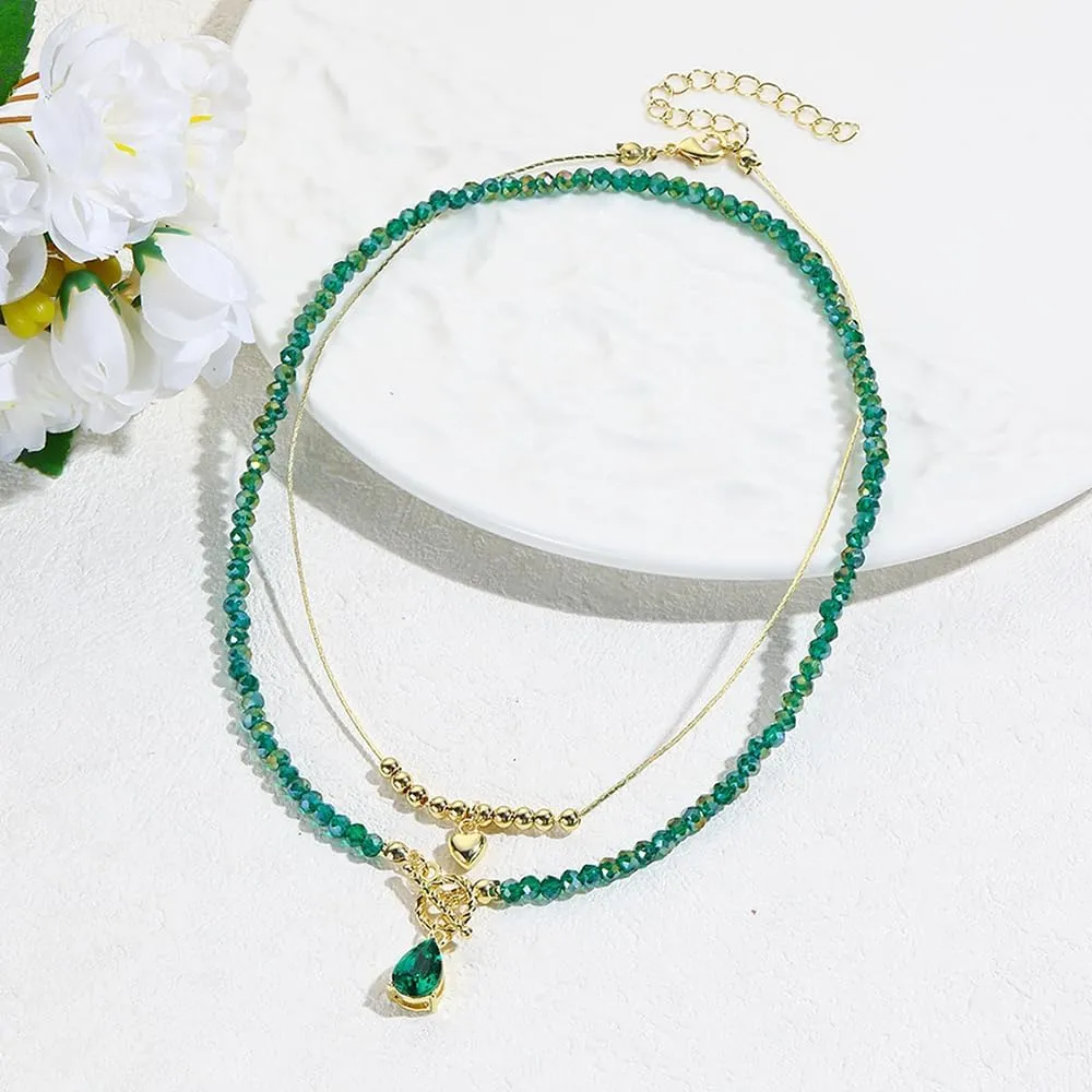 2PCS Crystal Beaded Necklace for Women Pearl Choker Necklaces Trendy Heart Water Drop Pendant Necklace for Women Summer Jewelry