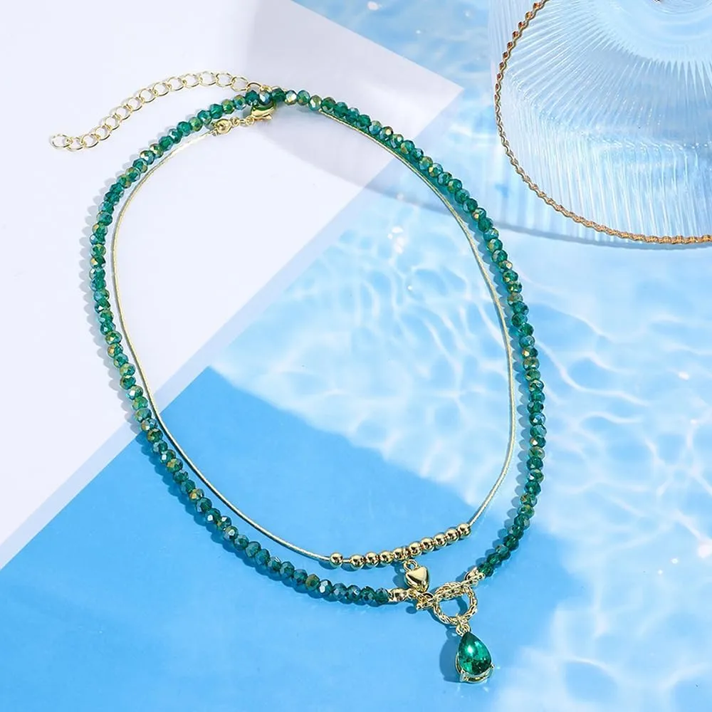 2PCS Crystal Beaded Necklace for Women Pearl Choker Necklaces Trendy Heart Water Drop Pendant Necklace for Women Summer Jewelry