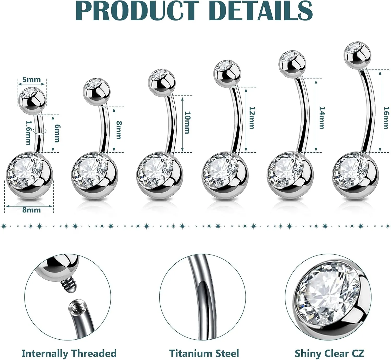 2PCS G23 Titanium Belly Button Rings 14G with Sparkling Cubic Zirconia Internally Threaded Navel Belly Piercing Curved Barbell Jewelry For Women Multiple Bar Lengths 6mm 8mm 10mm 12mm 14mm 16mm