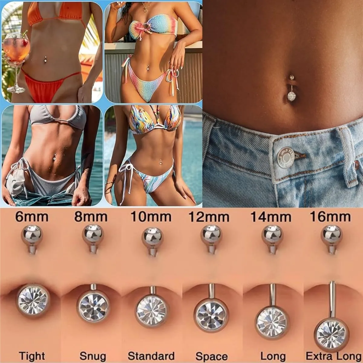 2PCS G23 Titanium Belly Button Rings 14G with Sparkling Cubic Zirconia Internally Threaded Navel Belly Piercing Curved Barbell Jewelry For Women Multiple Bar Lengths 6mm 8mm 10mm 12mm 14mm 16mm