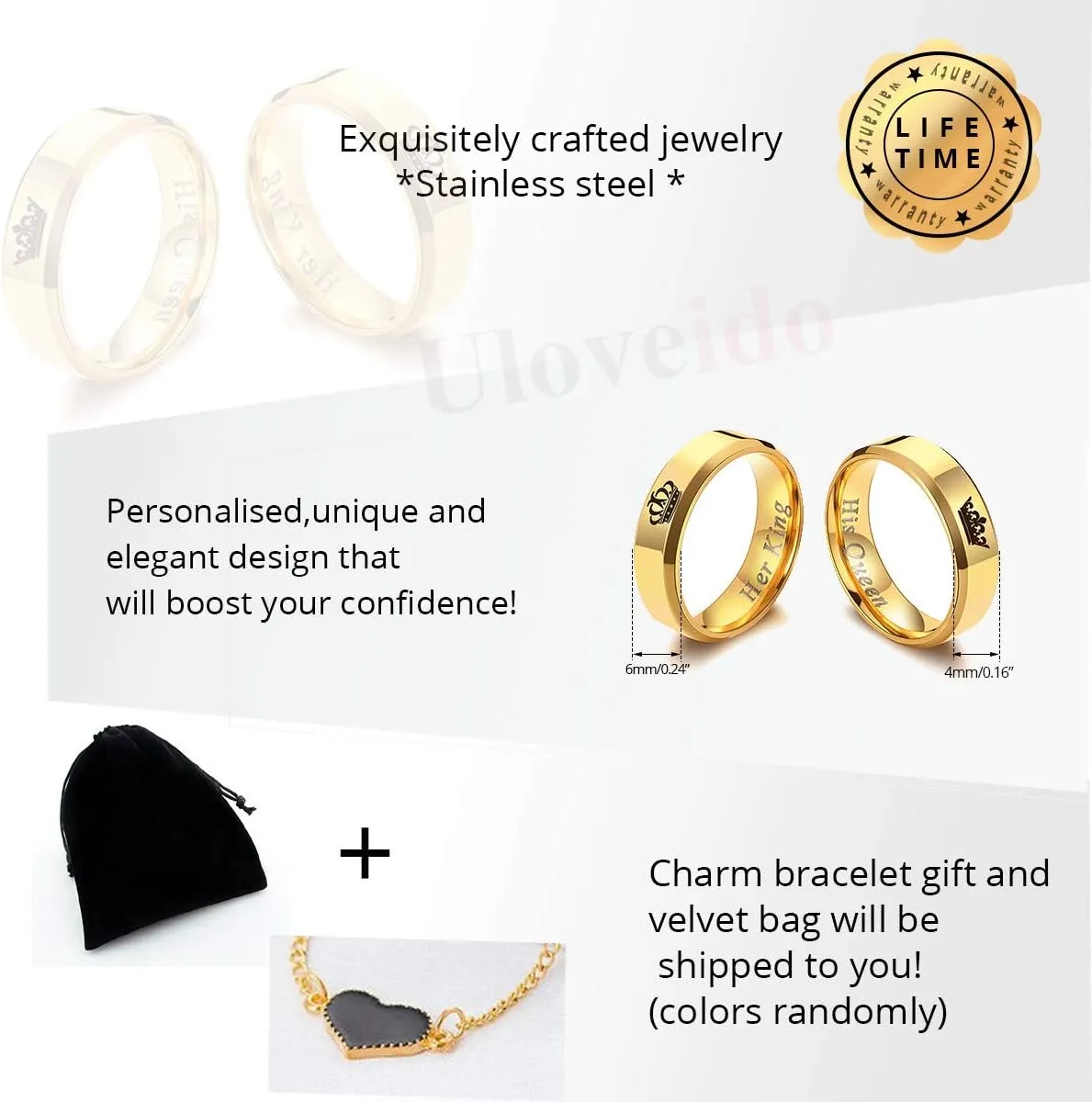 2pcs His Queen and Her King Couple Rings Set, Titanium Steel Matching Promise Wedding Engagement Band for Couples (Black, Gold)