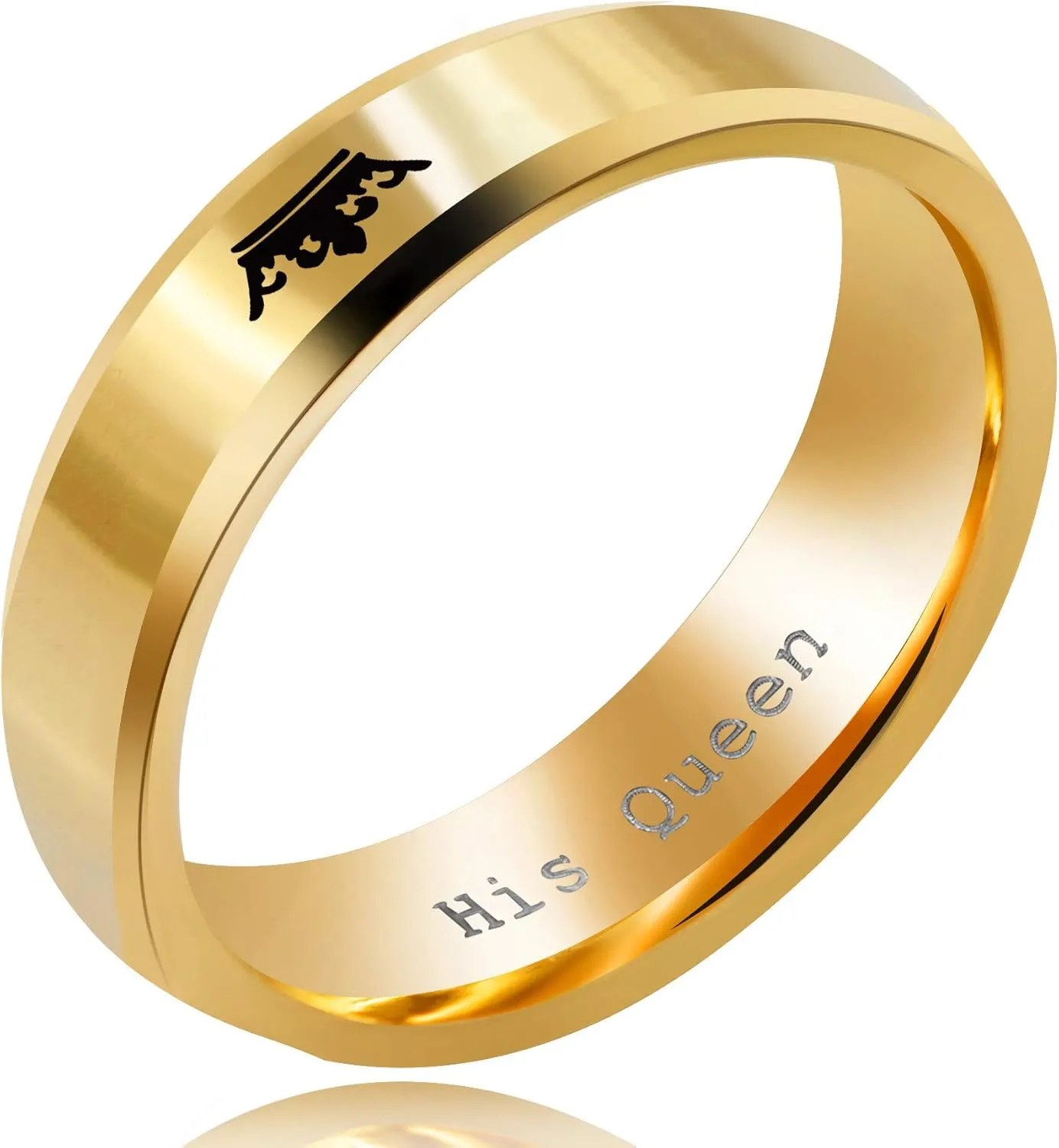 2pcs His Queen and Her King Couple Rings Set, Titanium Steel Matching Promise Wedding Engagement Band for Couples (Black, Gold)