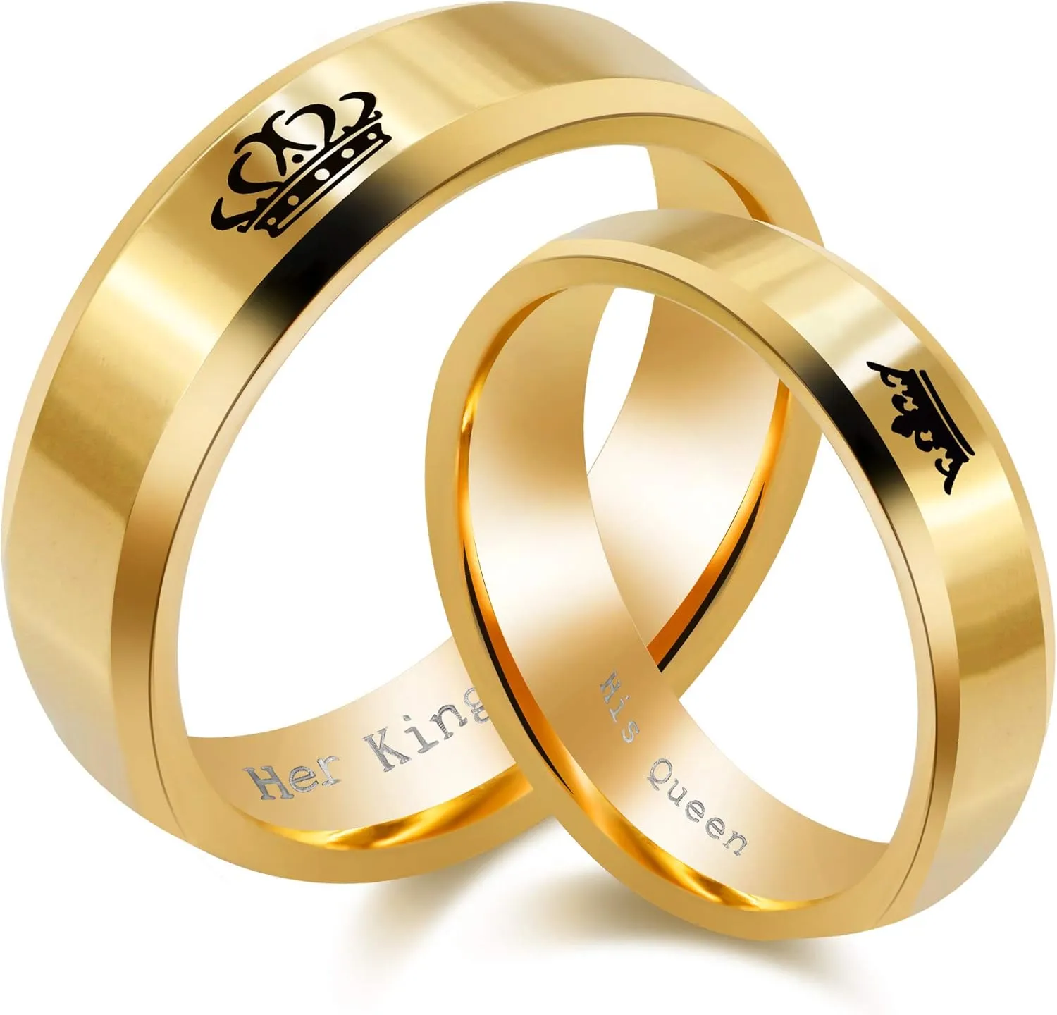 2pcs His Queen and Her King Couple Rings Set, Titanium Steel Matching Promise Wedding Engagement Band for Couples (Black, Gold)