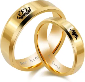 2pcs His Queen and Her King Couple Rings Set, Titanium Steel Matching Promise Wedding Engagement Band for Couples (Black, Gold)