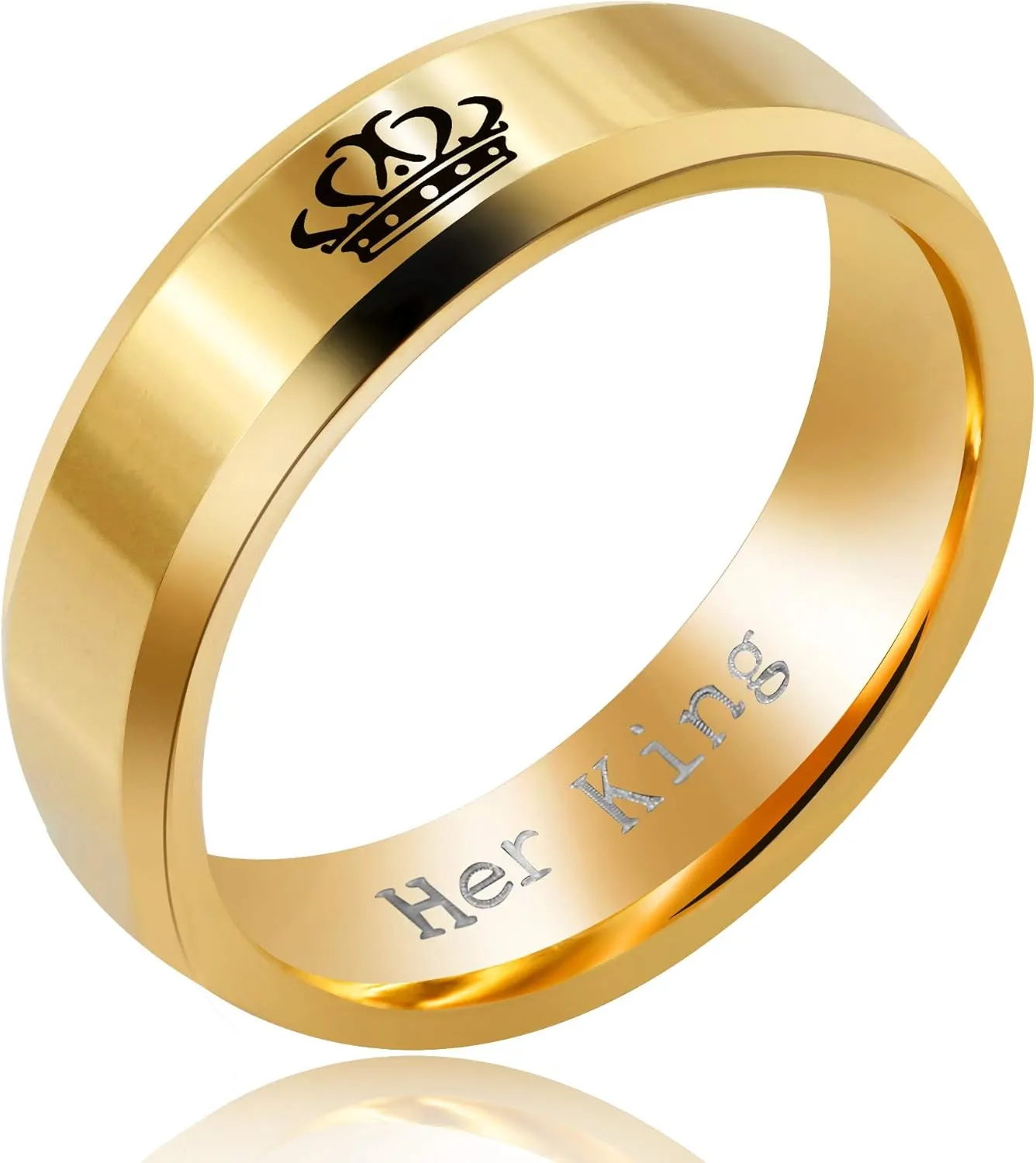 2pcs His Queen and Her King Couple Rings Set, Titanium Steel Matching Promise Wedding Engagement Band for Couples (Black, Gold)