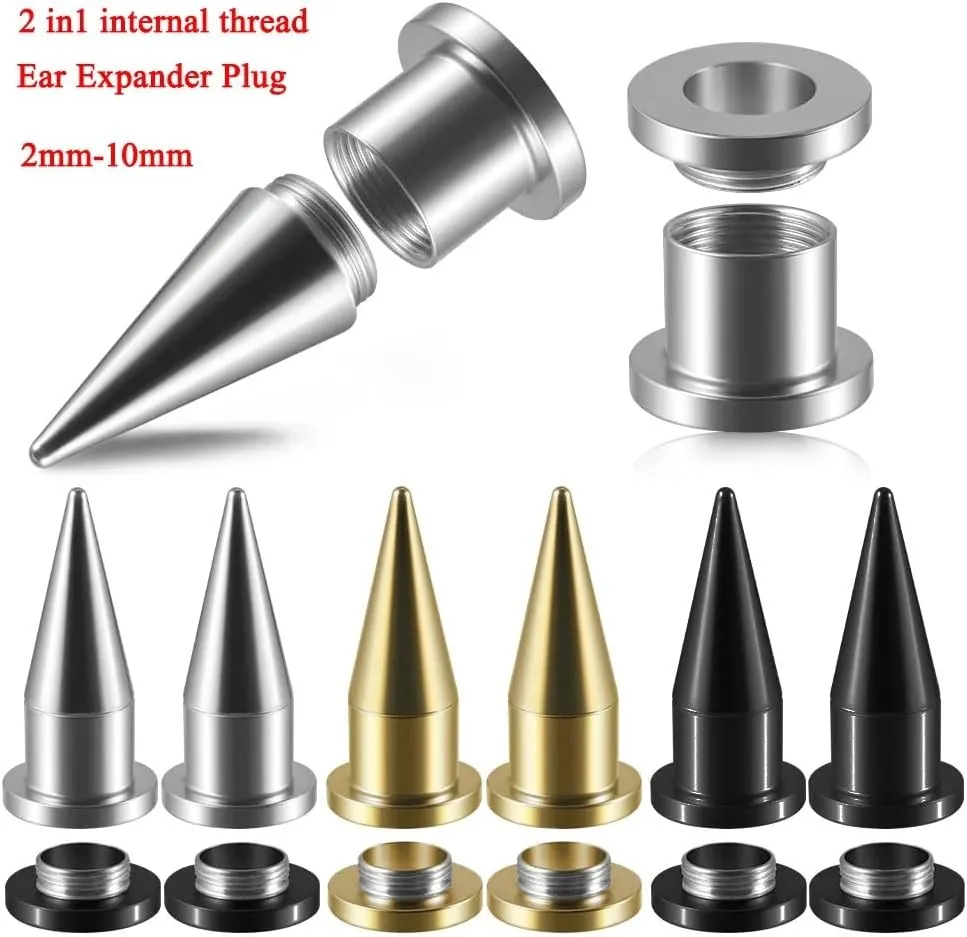 2pcs Stainless Steel 2-in-1 Ear Plugs Tunnels Set Large size (2-30mm) Punk Hip Hop-pointed Cone Horn Plugs Style For Ears Expander Body Piercing Jewelry