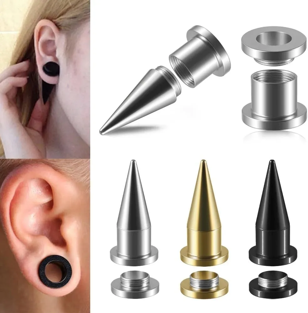 2pcs Stainless Steel 2-in-1 Ear Plugs Tunnels Set Large size (2-30mm) Punk Hip Hop-pointed Cone Horn Plugs Style For Ears Expander Body Piercing Jewelry