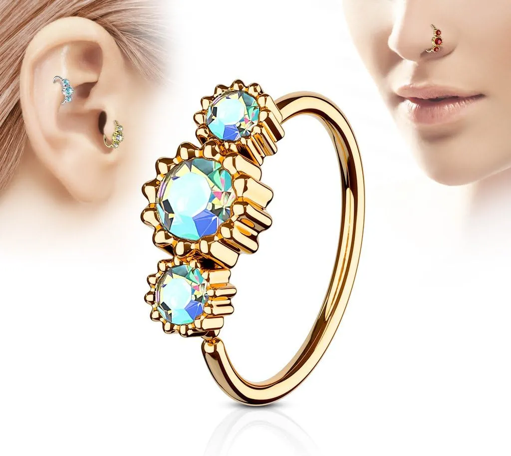 3 Round CZ Set Rose Gold IP Plated 316L Surgical Steel WildKlass Hoop Ring for Nose & Ear Cartilage