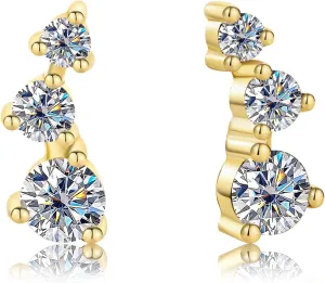 3 Stone Moissanite Ear Crawlers Earrings - 14K Gold Plating - Gift for Her - GRA Certified 0.52 Carat