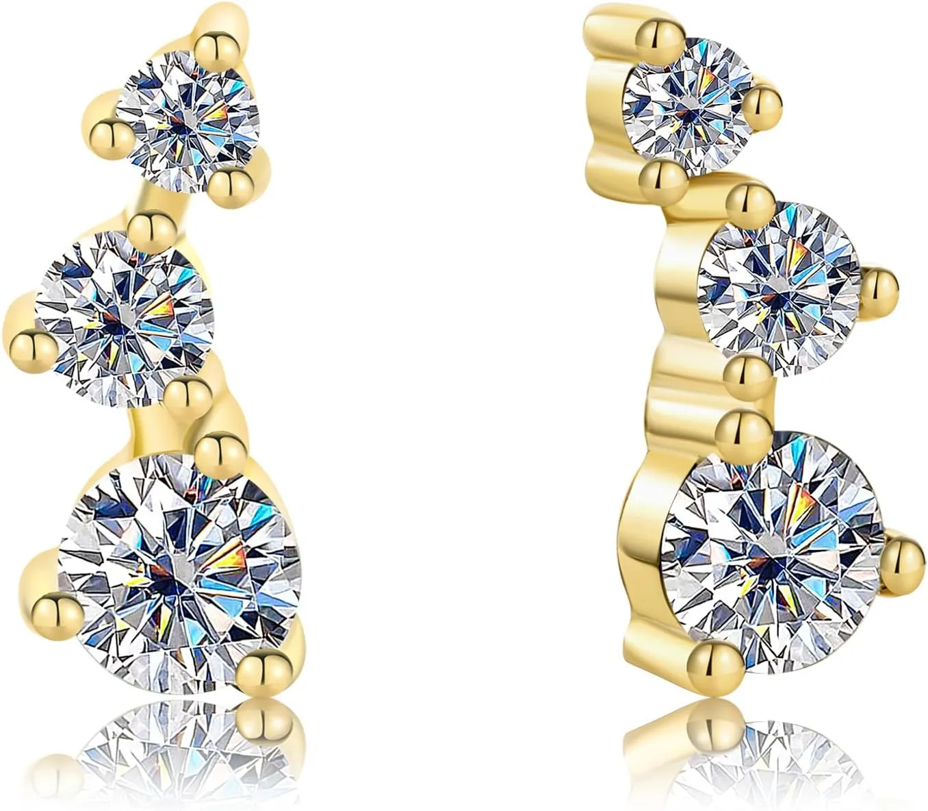 3 Stone Moissanite Ear Crawlers Earrings - 14K Gold Plating - Gift for Her - GRA Certified 0.52 Carat