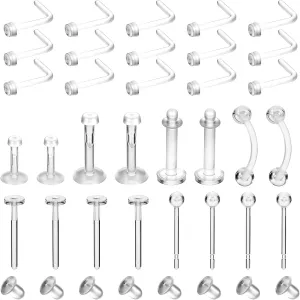 31pcs Clear Nose Studs for Work,Clear Nose Ring Clear Septum Ring Clear Piercing Retainers Clear Lip Piercing Clear Earrings for Sports Plastic Belly Button Rings