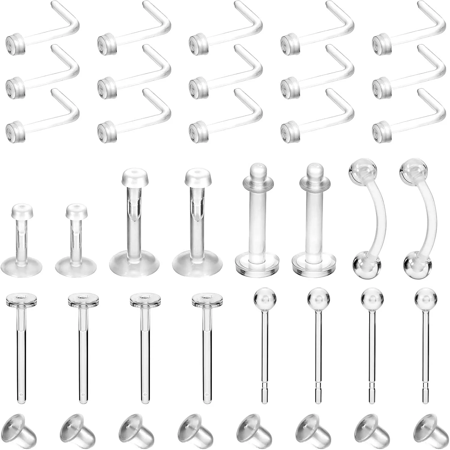 31pcs Clear Nose Studs for Work,Clear Nose Ring Clear Septum Ring Clear Piercing Retainers Clear Lip Piercing Clear Earrings for Sports Plastic Belly Button Rings