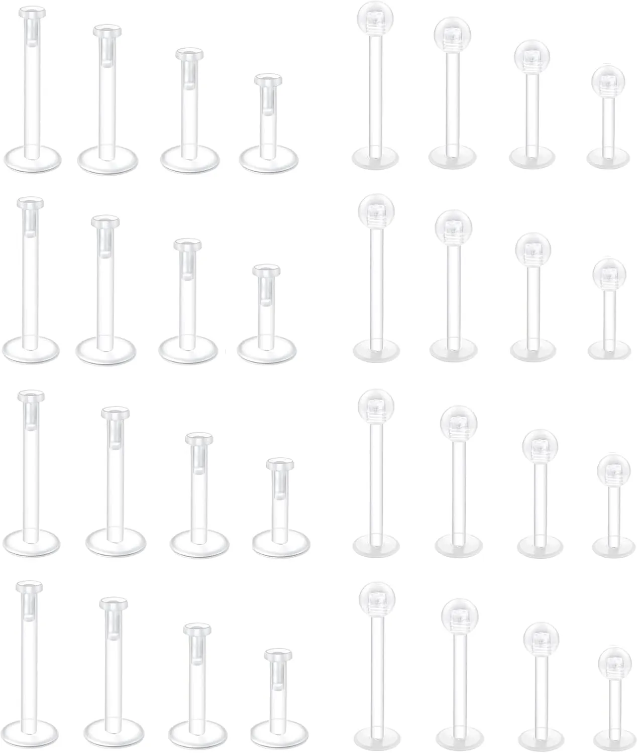 32PCS 16G Clear Push Top Plastic Piercing Stud Earrings For Work Bioflex Lip Rings Labret Flat Back Helix Tragus Medusa Monroe Retainer For Women Men 6mm/8mm/10mm/12mm