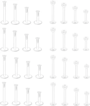 32PCS 16G Clear Push Top Plastic Piercing Stud Earrings For Work Bioflex Lip Rings Labret Flat Back Helix Tragus Medusa Monroe Retainer For Women Men 6mm/8mm/10mm/12mm