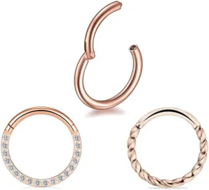 3Pcs 16G 8mm 10mm Hinged Clicker Segment CZ Twisted Clicker Nose Rings Hoop Helix Cartilage Daith Tragus Sleeper Earrings Body Piercing for Women Men Silver/Gold/Rose Gold