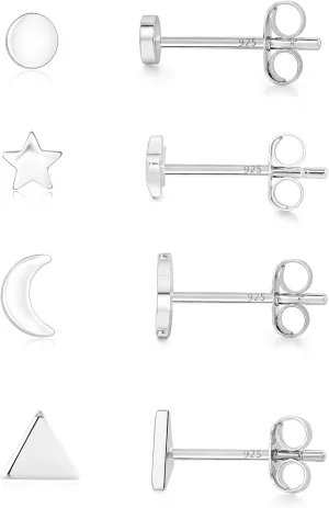 4 Pairs sterling silver Stud Earrings Cute Earrings sets for Women Star Moon Ball Heart Clear Studs earrings for Women