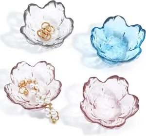 4 Pcs Flower Jewelry Dish Glass Ring Holder Small Decorative Trinket Tray Aesthetic Jewelry Bowl Bathroom Nightstand Bedside Necklace Bracelet Earring Dish for Women Mom Wife Gift