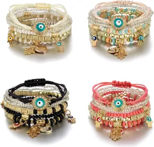 4 PCS Set Evil Eye Bohemian Wood Beaded Crystal Rope Pendant Bracelet Multilayer Stretch for Women Girl Lucky Turkish Fatima Hands Jewelry Charm-4 PCS