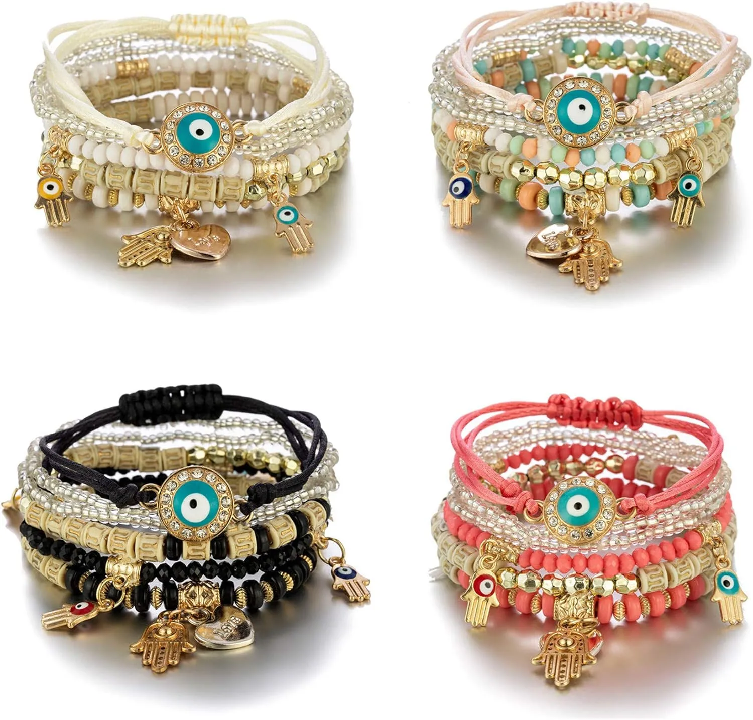 4 PCS Set Evil Eye Bohemian Wood Beaded Crystal Rope Pendant Bracelet Multilayer Stretch for Women Girl Lucky Turkish Fatima Hands Jewelry Charm-4 PCS
