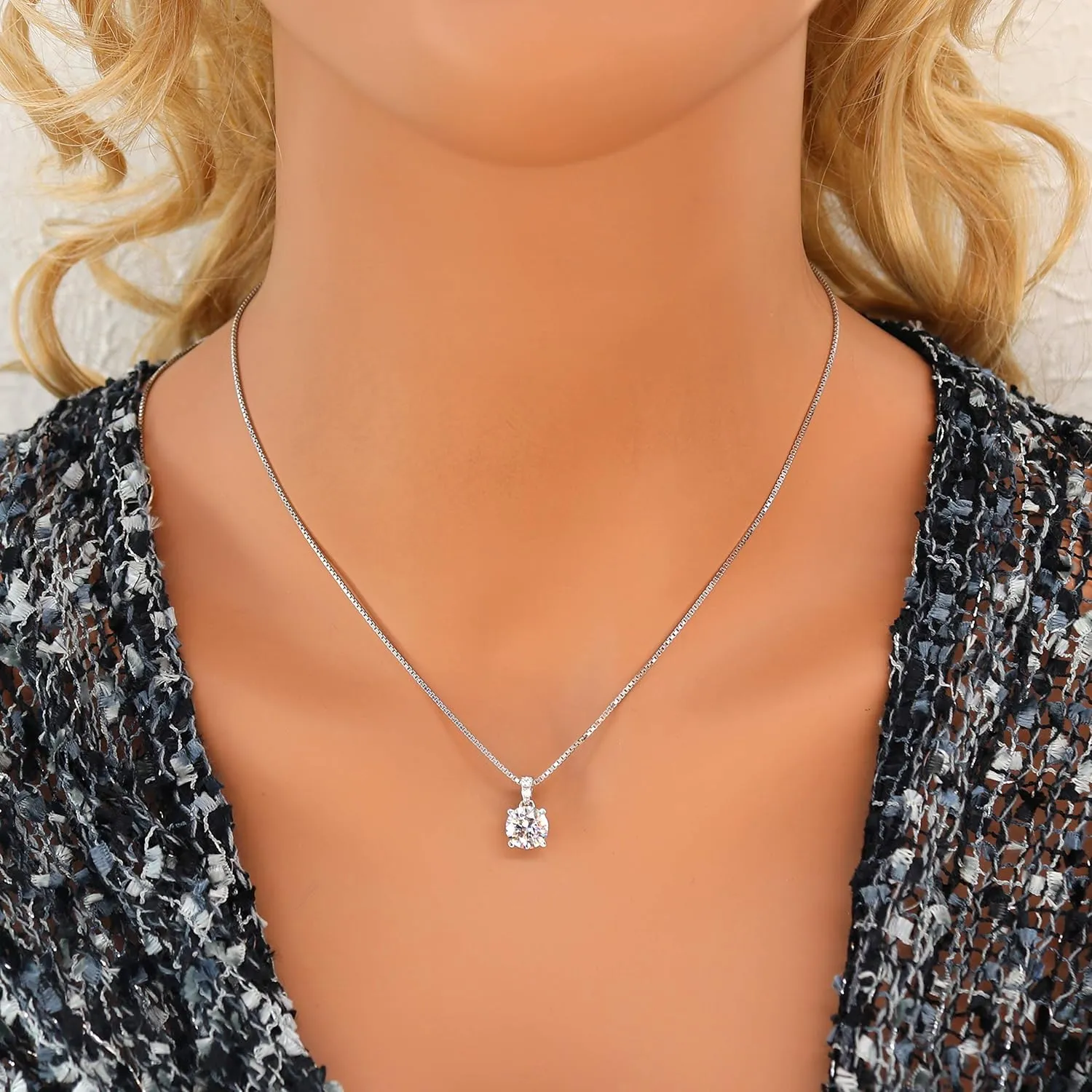 4 Prong Round Solitaire Simulated Diamond Necklace in Solid Sterling Silver with Pure Brilliance Zirconia