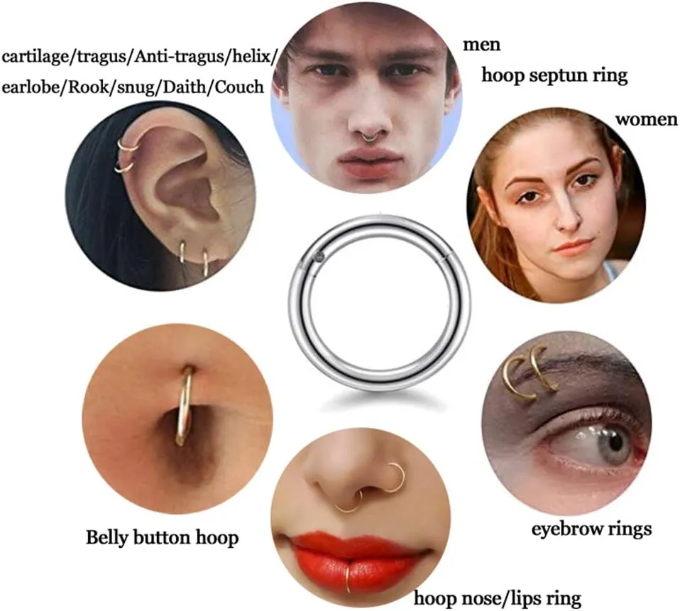 4Pairs/Pcs 18G Surgical Steel Hinged Clicker Segment Nose Rings Hoop Helix Cartilage Daith Tragus Sleeper Earrings Body Piercing for Women Men 6mm 8mm 10mm 12mm