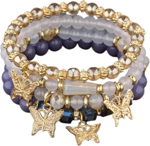 4Pcs Set Bohemian Butterfly Crystal Stone Stretch Pendant Bracelets for Women Gold Beaded Stackable Stretch Bracelet Colorful Charm Jewelry Boho Summer Beach