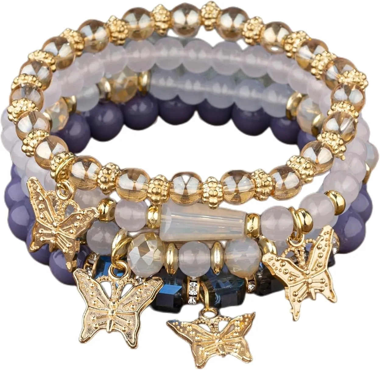 4Pcs Set Bohemian Butterfly Crystal Stone Stretch Pendant Bracelets for Women Gold Beaded Stackable Stretch Bracelet Colorful Charm Jewelry Boho Summer Beach